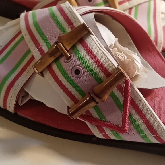 Square Toe Summer Pink Green And White Slide Sandals Sz 9 - Picture 3 of 5